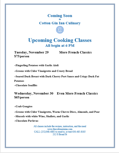 The Cotton Gin Inn Culinary, Cooking Class: More French Classics