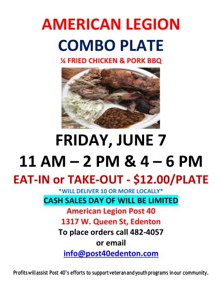 American Legion Post 40, BBQ Chicken Combo Plate Sale