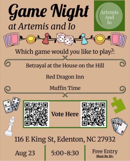 Edenton Events, Game Night at Artemis and Io