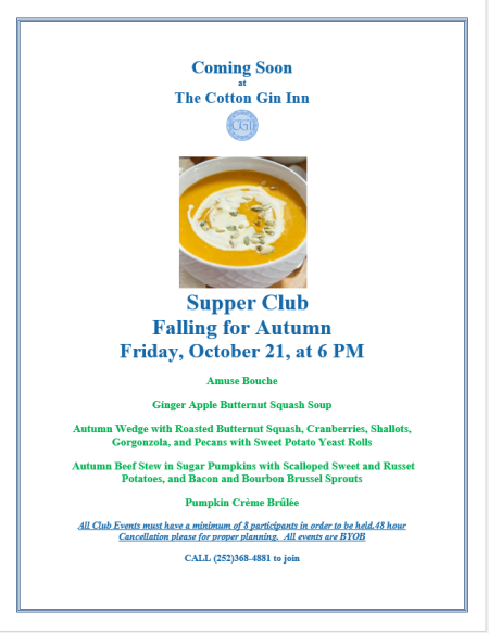 The Cotton Gin Inn Culinary, Supper Club: Falling for Autumn